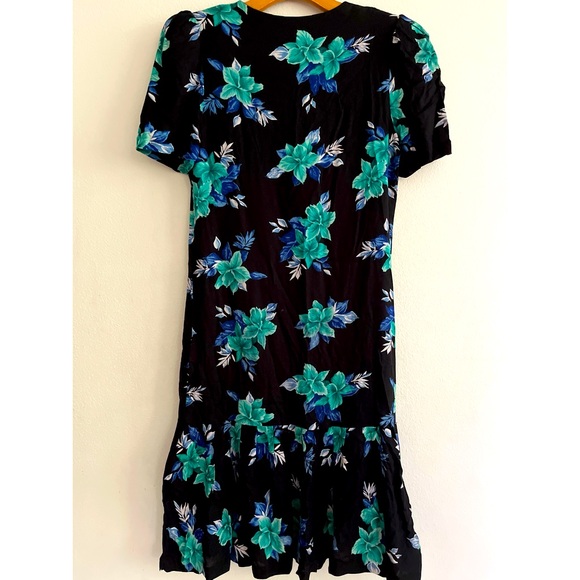 Vintage Dress Small Black Green Shift Hem Ruffle Button Down Padded Shoulder - Picture 2 of 10